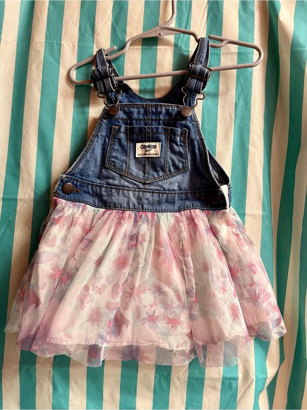 OshKosh B'gosh Denim Overall Dress with Pink Floral Tulle Skirt